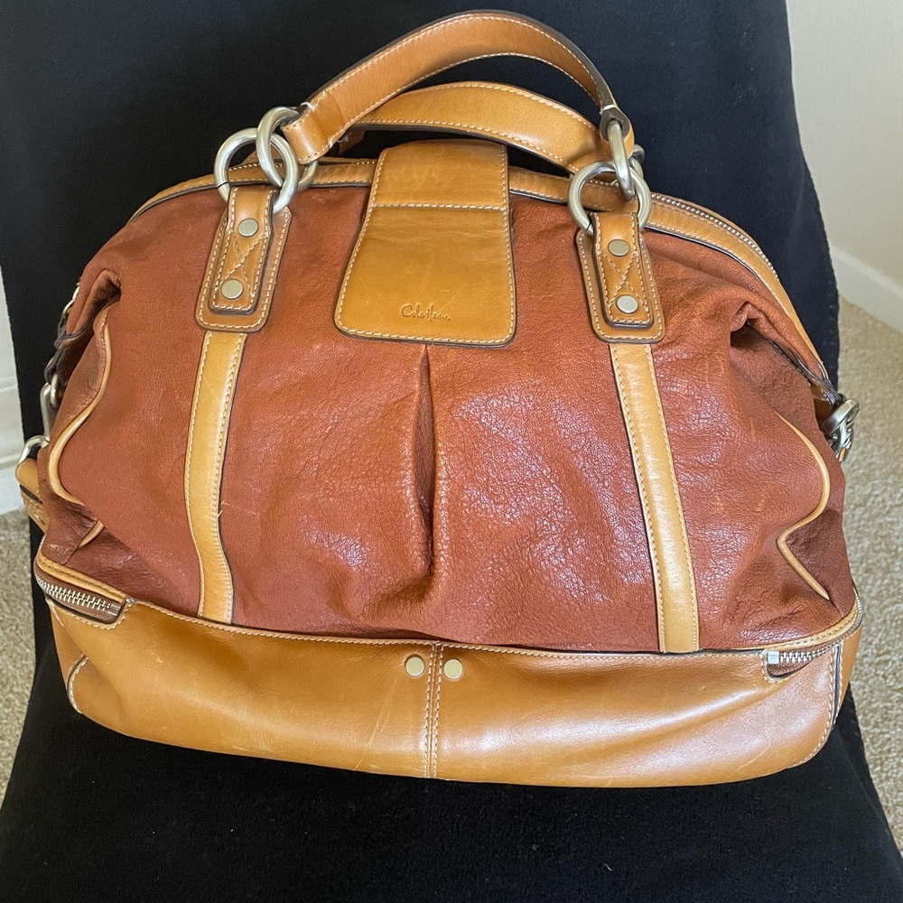 Cole Haan Duffle Bag Two Tone Brown Pebbled Leather